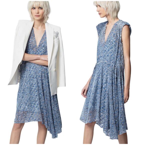 Zadig & Voltaire NWT Rozane Velours Silk Blend Dress Size S Blue Velvet Burn-out - Picture 1 of 10
